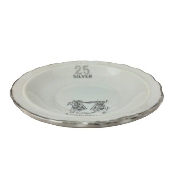 Vinage 25th Silver Anniversary Trinket Dish Porcelain Silver Trim 4.5" - Picture 3 of 7